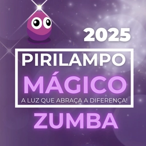 Flyer de divulgação da campanha pirilampo mágico 2025, Atividade Zumba na cor roxa e branco com elementos gráficos.