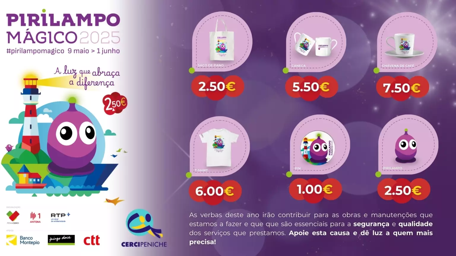 Tabela de preço com artigos da campanha pirilampo mágico 2025, nas cores branco, roxo e vermelho com elementos gráfico e logotipos