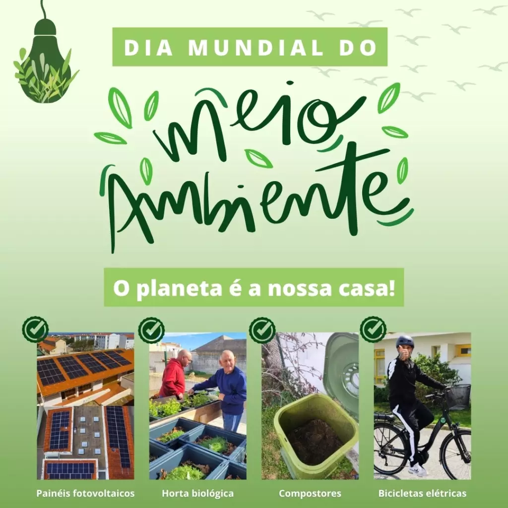 Flyer de divulgação do dia mundial do meio ambiente, elementos gráficos e logotipos e fotos, nas cores verde e branco
