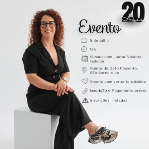Flyer de divulgação do evento solidário da cabeleireira Sónia Pereira, foto Sónia, elementos gráficos e logotipos nas cores azul cinza e preto
