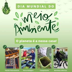 Flyer de divulgação do dia mundial do meio ambiente, elementos gráficos e logotipos e fotos, nas cores verde e branco