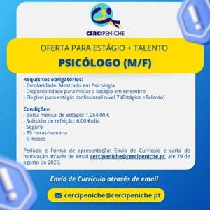 Flyer de divulgação de oferta Estágio + Talento Psicólogo, nas cores amarelo e azul e logo