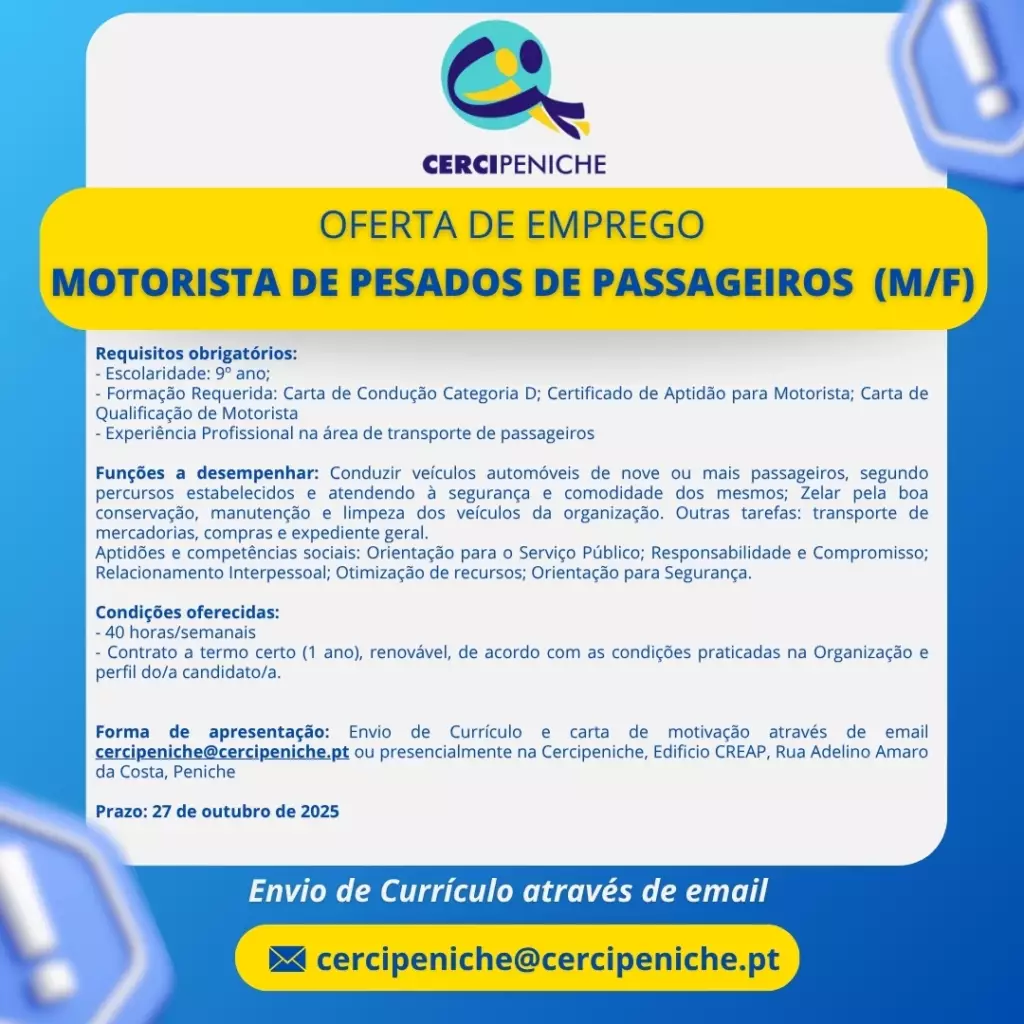 Flyer de divulgação de Oferta de Emprego para Motorista de Pesados de Passageiros (M/F) na Cercipeniche. Logo tipo e elementos gráficos nas cores azul amarelo e branco