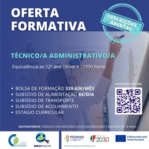 Flyer de divulgação de oferta formativa na Cercipeniche. Curso técnico administrativo. Nas cores azul e branco com elementos gráficos e logo.