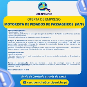 Flyer de divulgação de Oferta de Emprego para Motorista de Pesados de Passageiros (M/F) na Cercipeniche. Logo tipo e elementos gráficos nas cores azul amarelo e branco