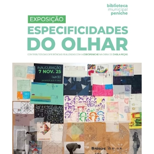 Cartaz de divulgação da exposição especificidades do olhar de Cheila Peças, elemento gráficos e logo.