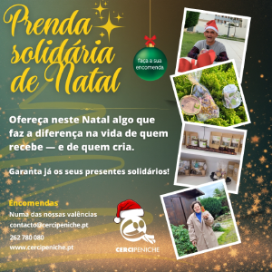 Flyer para divulgação das prendas solidárias de natal da Cercipeniche com duas pessoas apoiadas. Nas cores verde e amarelo com elementos gráficos de natal.