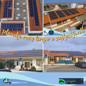 Fotos dos quatros edifícios da Cercipeniche com painéis fotovoltaicos instalados.