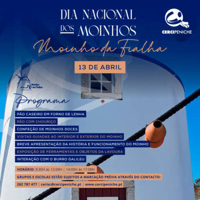 Cartaz de divulgação do Dia Nacional dos Moinhos, nas cores azul e laranja, foto do Moinho da Fialha, do Progama e logo da Cercipeniche.