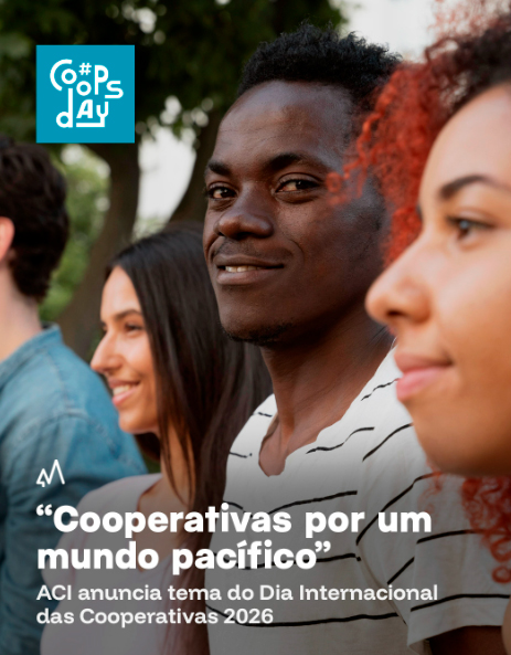 Cartaz do Dia Internacional das Cooperativas 2026, subordinado ao tema "Cooperativas por um mundo pacífico", ilustrado com um grupo de pessoas que representam a diversidade, a cooperação e a inclusão.