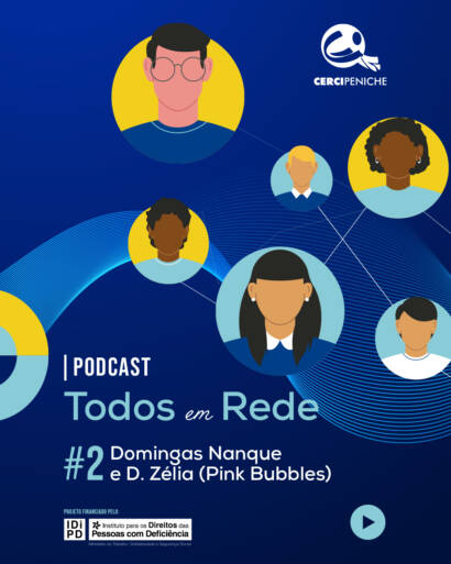 Imagem do podcast "Todos em Rede", da Cercipeniche. Sobre um fundo azul escuro, surgem várias ilustrações de pessoas ligadas entre si por linhas, simbolizando a inclusão, a ligação entre pessoas e a participação na comunidade. Ao centro, lê-se "Podcast Todos em Rede". Na parte inferior está identificado o episódio n.º 2, com a participação de Domingas Nanque e D. Zélia (Pink Bubbles). No canto superior direito encontra-se o logótipo da Cercipeniche e, na parte inferior, a referência ao apoio do Instituto para os Direitos das Pessoas com Deficiência. Um ícone de reprodução remete para a visualização do podcast.