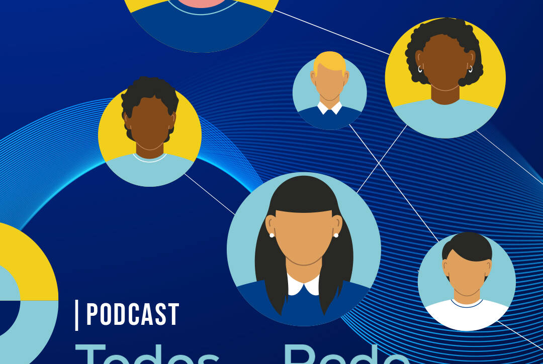 Imagem do podcast "Todos em Rede" da Cercipeniche. Sobre um fundo azul-escuro, surgem seis ilustrações de pessoas representadas em círculos de diferentes tamanhos, ligadas entre si por linhas brancas, simbolizando uma rede de ligação entre pessoas. No canto superior direito está o logótipo da Cercipeniche. Na parte inferior esquerda lê-se "Podcast Todos em Rede" e, por baixo, a indicação de que o projeto é financiado pelo Instituto para os Direitos das Pessoas com Deficiência (IDiPD), do Ministério do Trabalho, Solidariedade e Segurança Social. No canto inferior direito encontra-se um ícone de reprodução (play) azul claro.