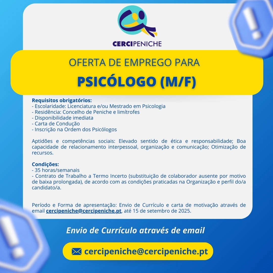 Flyer de divulgação de oferta de emprego para Psicólogo, nas cores amarelo e azul e logo