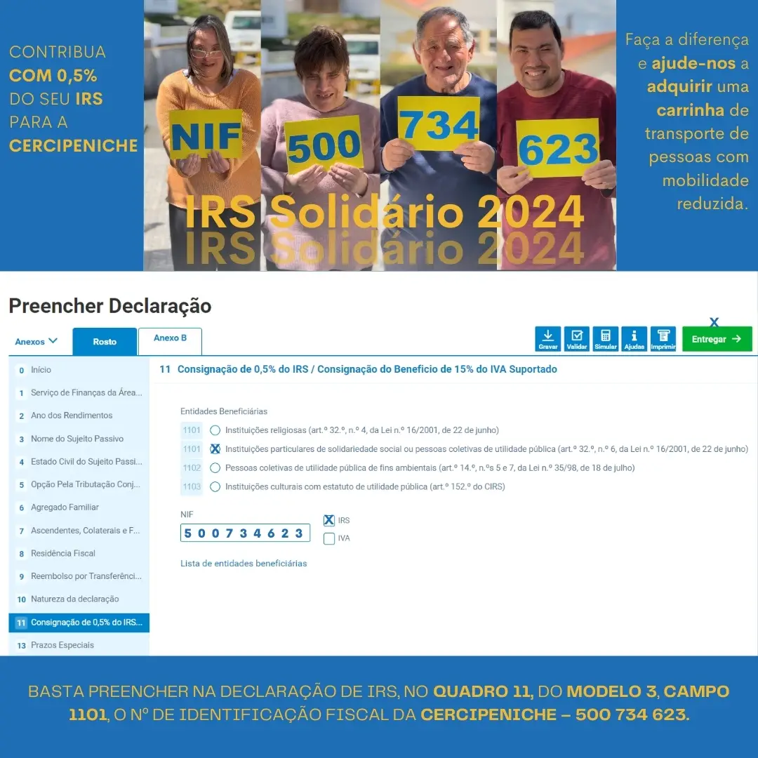 Imagem da consignação de IRS, da Campanha do IRS Solidário de 2024, da Cercipeniche