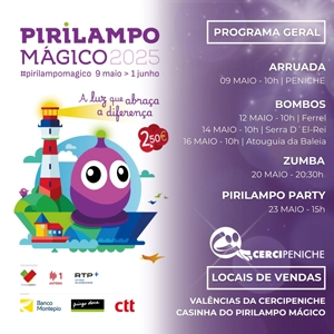 Flyer de divulgação da campanha pirilampo mágico 2025, Atividades da campanha completa nas cores roxo e branco com elementos gráficos e logotipos.