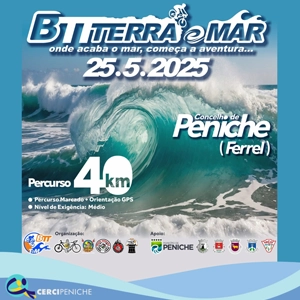 Flyer de divulgação do evento BTT terra e mar, nas cores azul, cinza e branco com elementos gráficos e logotipo.