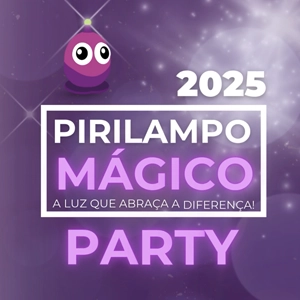 Flyer de divulgação da campanha pirilampo mágico 2025, Atividade Pirilampo Party na cor roxa e branco com elementos gráficos.
