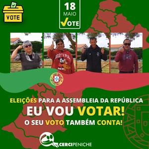 Flyer de divulgação referente as eleições legislativas 2025, nas cores verde e vermelho com fotos de pessoas apoiadas da Cercipeniche, com elementos gráficos e logo.