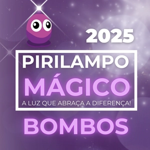 Flyer de divulgação da campanha pirilampo mágico 2025, Atividade bombos na cor roxa e branco com elementos gráficos e logotipos.