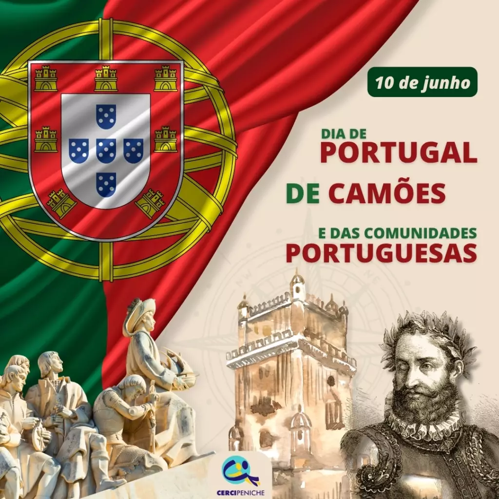 Flyer de divulgação do dia de Portugal, de Camões e das comunidades portuguesa, elementos gráficos e logotipos, bandeira de Portugal e foto de Camões, nas cores verde e bege e vermelho.