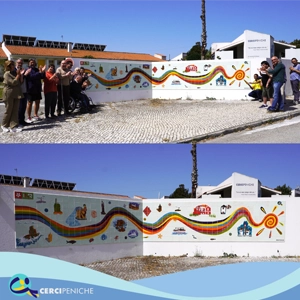 Colaboradores da Cercipeniche e pessoas apoiada em frente ao novo mural de Cerâmica