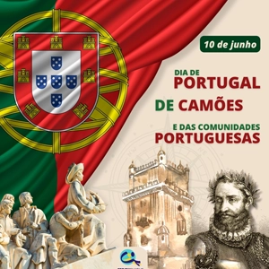 Flyer de divulgação do dia de Portugal, de Camões e das comunidades portuguesa, elementos gráficos e logotipos, bandeira de Portugal e foto de Camões, nas cores verde e bege e vermelho.