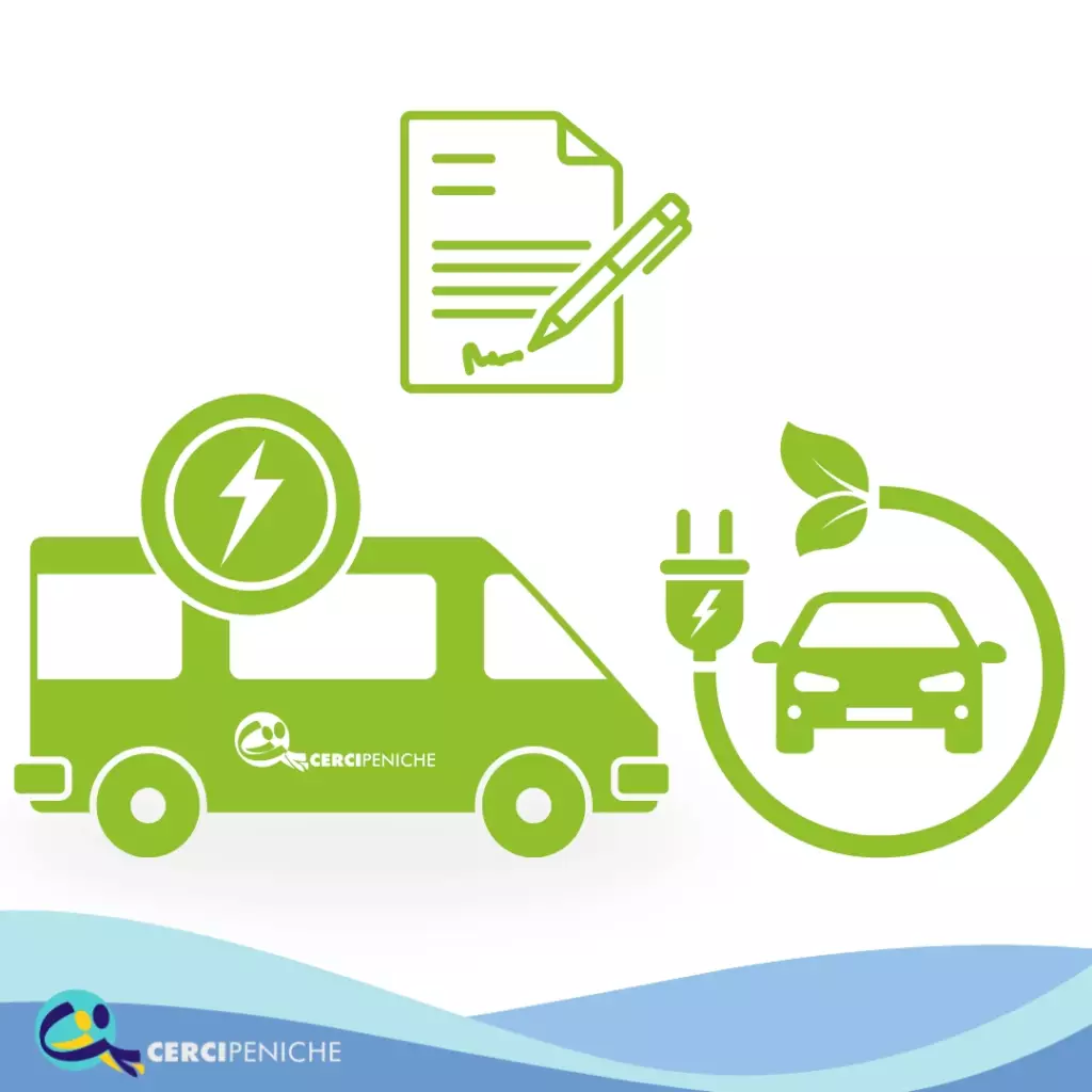Elementos gráficos, carros elétricos e assinatura de documento na cor verde e azul. logotipo