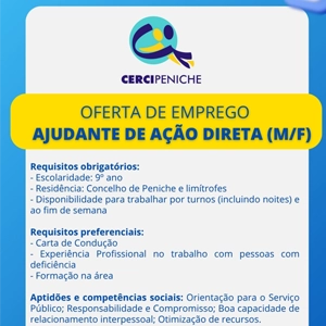 Flyer de divulgação de oferta de emprego, nas cores amarelo e azul e logo Cercipeniche