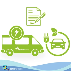 Elementos gráficos, carros elétricos e assinatura de documento na cor verde e azul. logotipo