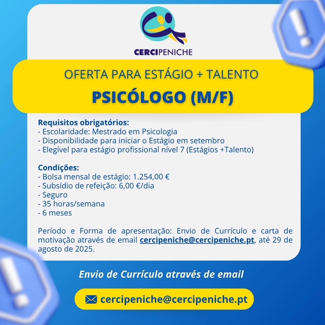 Flyer de divulgação de oferta Estágio + Talento Psicólogo, nas cores amarelo e azul e logo Cercipeniche