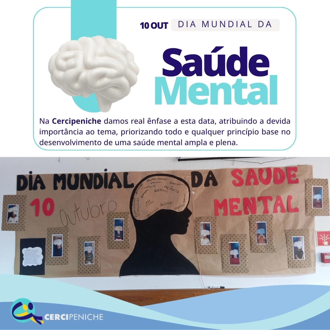 Flyer com divulgação do dia mundial da saúde mental. Foto pelo painel criado por pessoas apoiadas da Cercipeniche referente o tema. Com elementos gráficos e logo nas cores azul e branco.