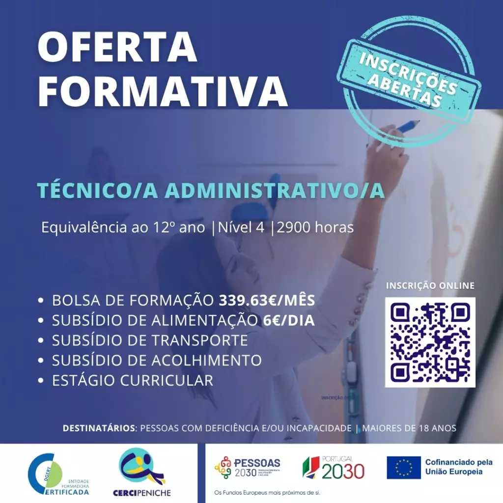 Flyer de divulgação de oferta formativa na Cercipeniche. Curso técnico administrativo. Nas cores azul e branco com elementos gráficos e logo.