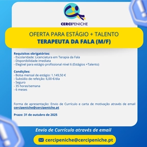 Flyer de divulgação de Oferta de estágio para terapeuta da fala (M/F) na Cercipeniche. Logo tipo e elementos gráficos nas cores azul amarelo e branco