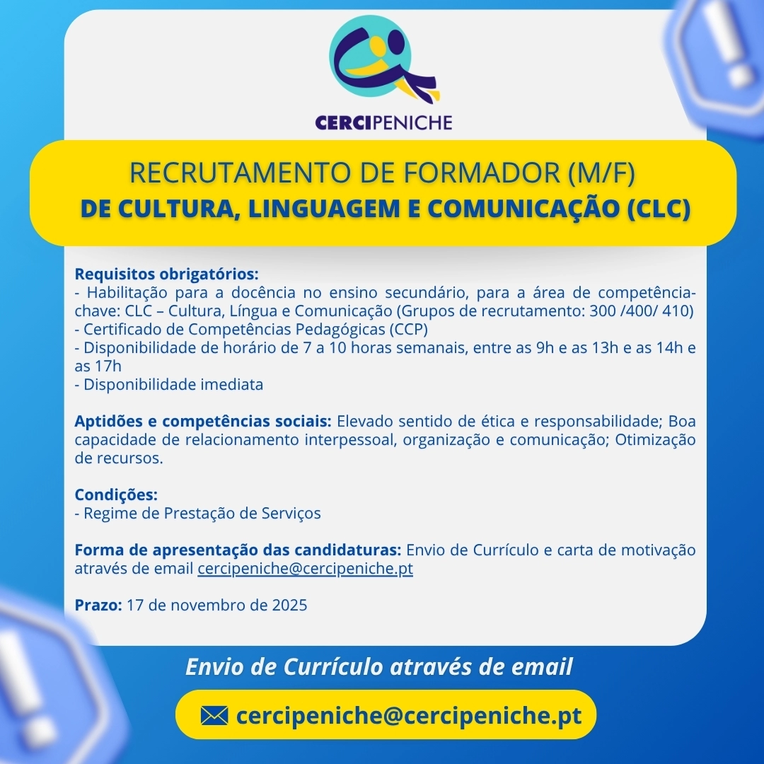 Flyer de divulgação para Recrutamento de Formador (M/F) de Cultura, Linguagem e Comunicação (CLC) Logo tipo e elementos gráficos nas cores azul amarelo e branco