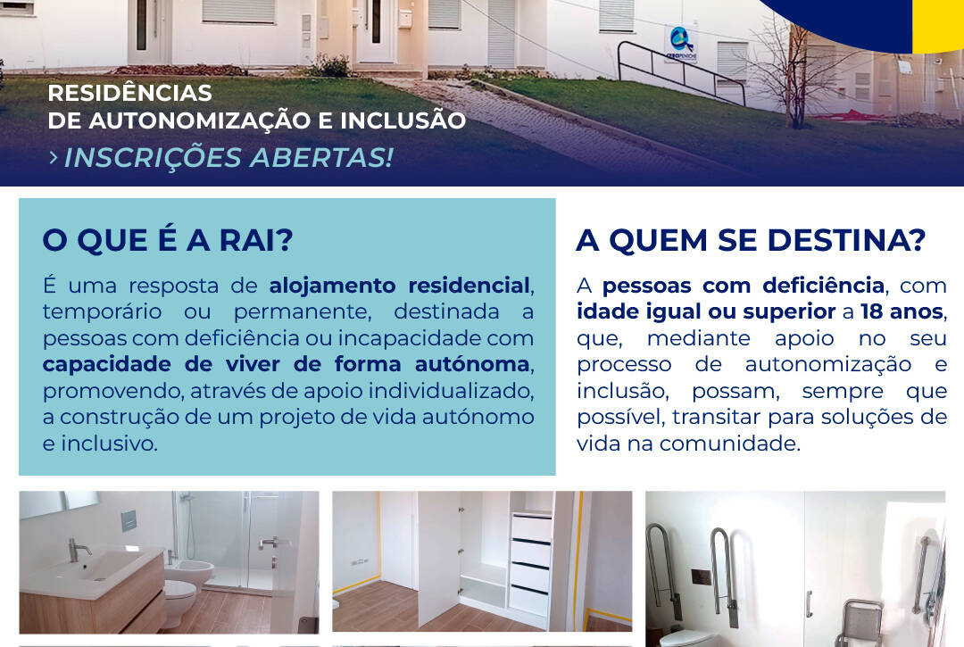 Inscrições abertas para as Residências de Atunomização e Inclusão de Peniche. Foto exterior e fotos do interior da residência, informação e logótipo da Cercipeniche.
