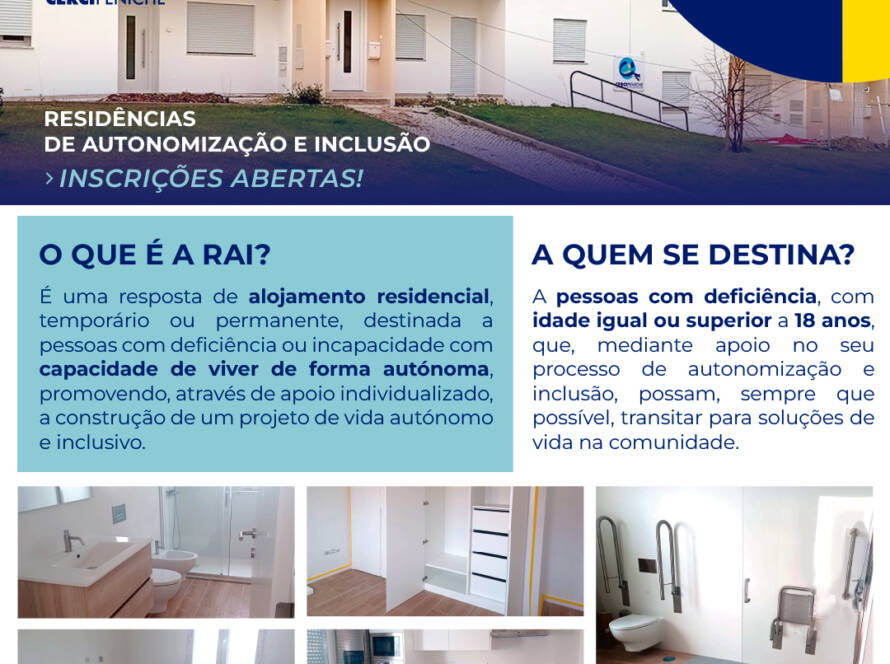 Inscrições abertas para as Residências de Atunomização e Inclusão de Peniche. Foto exterior e fotos do interior da residência, informação e logótipo da Cercipeniche.