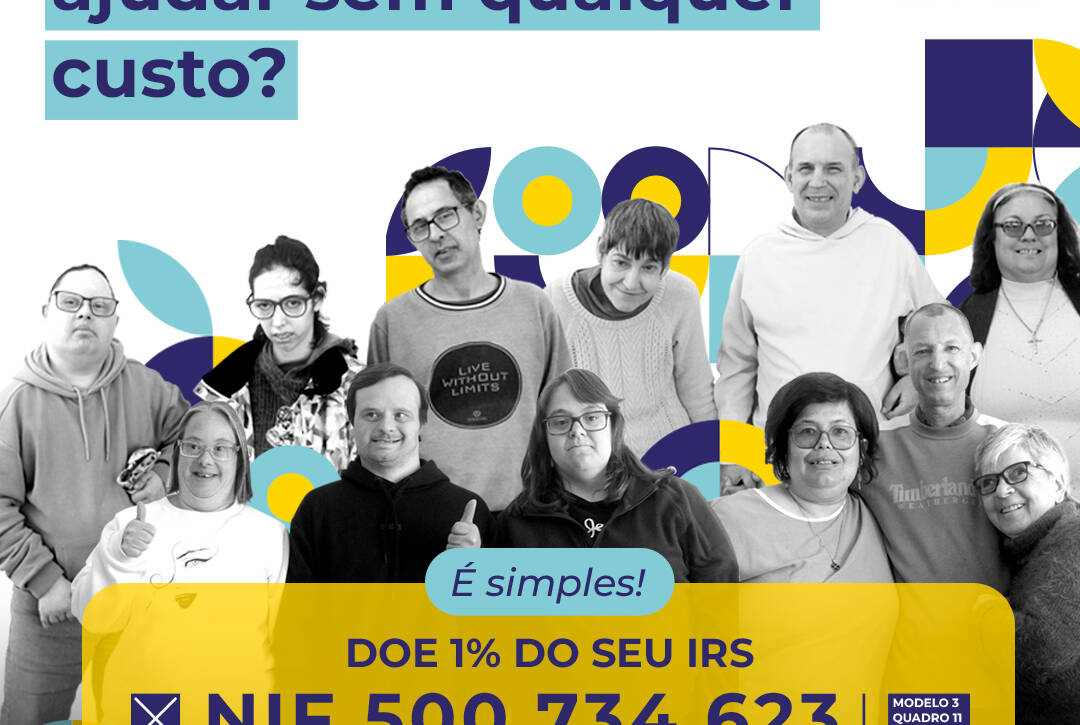 Foto com pessoas apoiadas pela Cercipeniche na campanha do IRS solidário. Logo da Cercipeniche e grafismos.