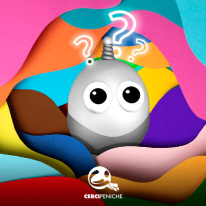 Pirilampo em tons de cinzento, com olhos grandes, ao centro de uma composição com formas onduladas em várias cores. À volta, pontos de interrogação, sugerindo mistério sobre a cor do Pirilampo Mágico 2026. Logo da Cercipeniche