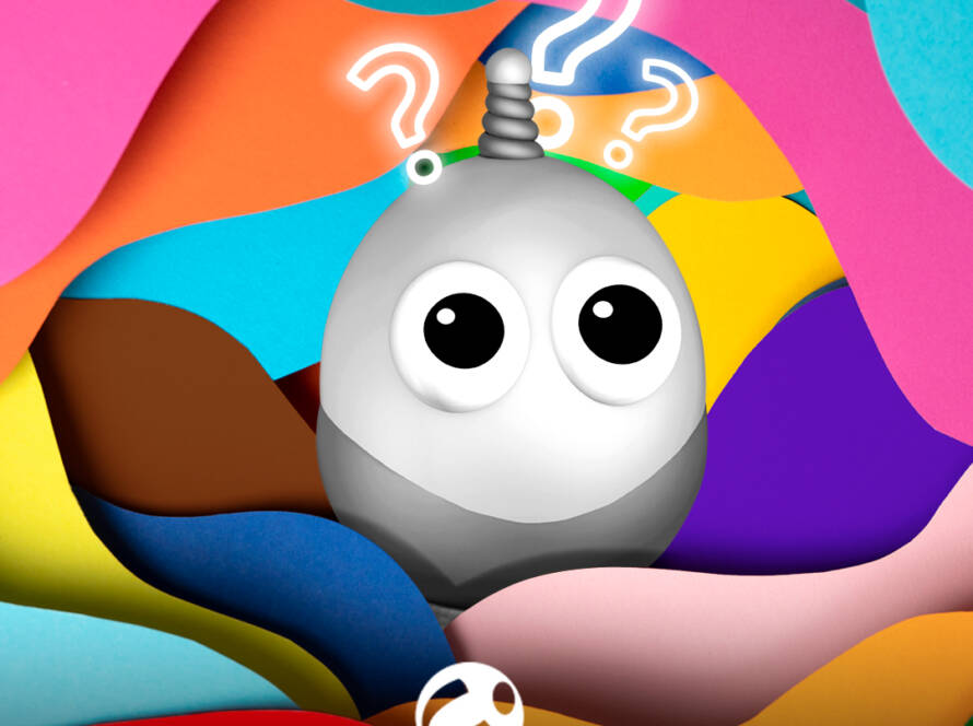 Pirilampo em tons de cinzento, com olhos grandes, ao centro de uma composição com formas onduladas em várias cores. À volta, pontos de interrogação, sugerindo mistério sobre a cor do Pirilampo Mágico 2026. Logo da Cercipeniche