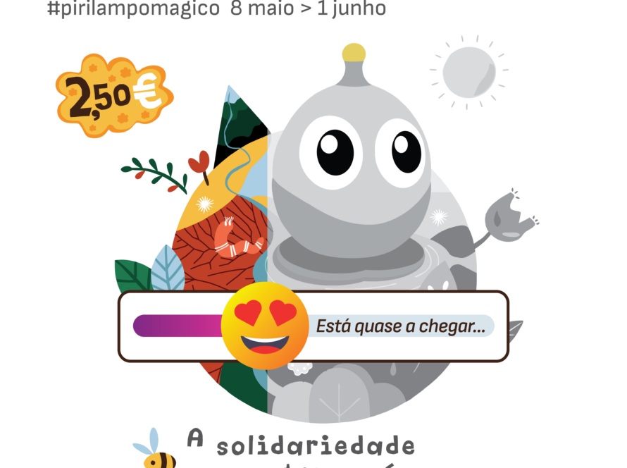 Cartaz do Pirilampo Mágico 2026. Ao centro, o pirilampo de cor cinzenta. À volta, elementos da natureza como folhas, montanhas, abelha e sol. No topo lê-se ‘Pirilampo Mágico 2026’ . Na parte inferior, a frase ‘A solidariedade tem raízes firmes’, acompanhada dos logótipos das entidades organizadoras e parceiras.