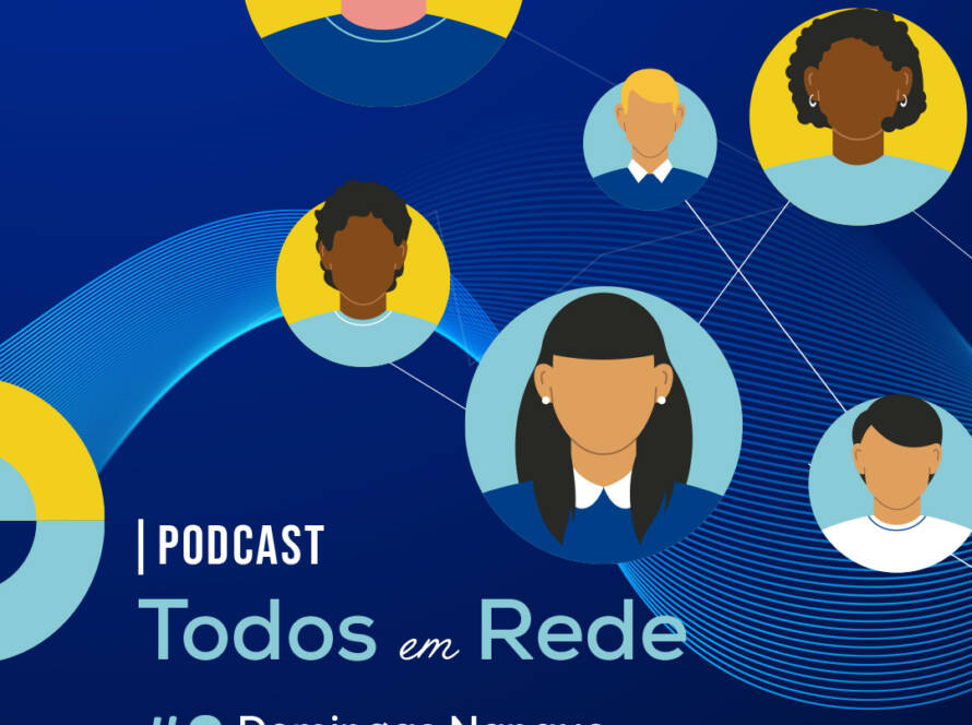 Imagem do podcast "Todos em Rede", da Cercipeniche. Sobre um fundo azul escuro, surgem várias ilustrações de pessoas ligadas entre si por linhas, simbolizando a inclusão, a ligação entre pessoas e a participação na comunidade. Ao centro, lê-se "Podcast Todos em Rede". Na parte inferior está identificado o episódio n.º 2, com a participação de Domingas Nanque e D. Zélia (Pink Bubbles). No canto superior direito encontra-se o logótipo da Cercipeniche e, na parte inferior, a referência ao apoio do Instituto para os Direitos das Pessoas com Deficiência. Um ícone de reprodução remete para a visualização do podcast.