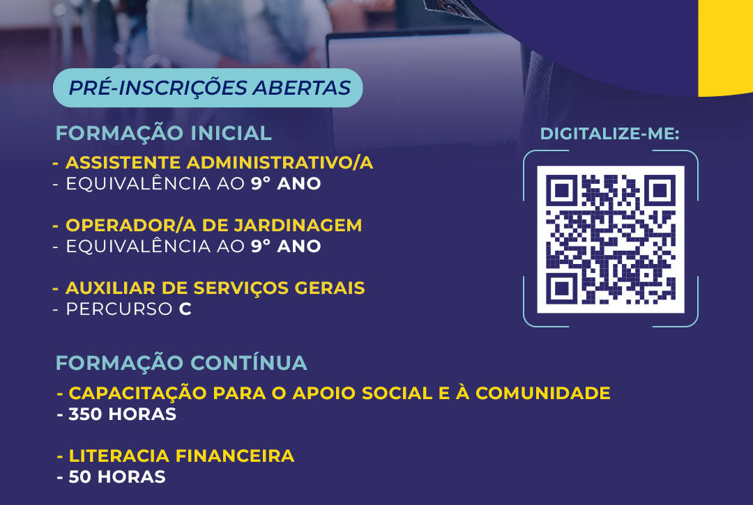 Flyer com o título "Pré-inscrições abertas" para a oferta formativa. Cursos de Formação Inicial: Assistente Administrativo/a (equivalência ao 9.º ano), Operador/a de Jardinagem (equivalência ao 9.º ano) e Auxiliar de Serviços Gerais (Percurso C). Inclui também cursos de Formação Contínua: Capacitação para o Apoio Social e à Comunidade (350 horas) e Literacia Financeira (50 horas). Destina-se a pessoas com deficiência e/ou incapacidade, maiores de 18 anos, com apoios como bolsa de formação, subsídios de alimentação, acolhimento e transporte, e estágio curricular. O cartaz contém um código QR e o endereço formacao.cercipeniche.pt para pré-inscrições. Ao fundo surgem os logótipos da DGERT, Pessoas 2030, Portugal 2030 e União Europeia. Logo da Cercipeniche.