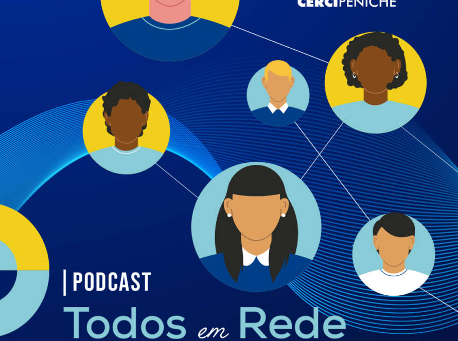 Imagem do podcast "Todos em Rede" da Cercipeniche. Sobre um fundo azul-escuro, surgem seis ilustrações de pessoas representadas em círculos de diferentes tamanhos, ligadas entre si por linhas brancas, simbolizando uma rede de ligação entre pessoas. No canto superior direito está o logótipo da Cercipeniche. Na parte inferior esquerda lê-se "Podcast Todos em Rede" e, por baixo, a indicação de que o projeto é financiado pelo Instituto para os Direitos das Pessoas com Deficiência (IDiPD), do Ministério do Trabalho, Solidariedade e Segurança Social. No canto inferior direito encontra-se um ícone de reprodução (play) azul claro.