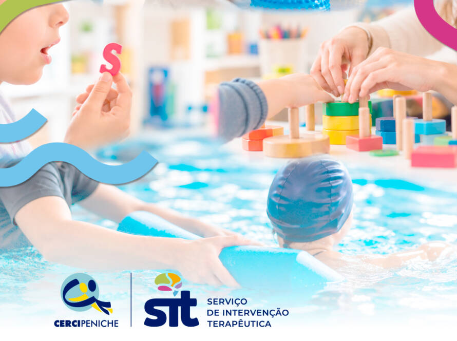 Imagem de divulgação do Serviço de Intervenção Terapêutica (SIT) da Cercipeniche. A composição reúne imagens representativas de diferentes áreas de intervenção: acompanhamento psicológico, psicomotricidade, terapia da fala, terapia ocupacional e piscina terapêutica. Na parte inferior encontram-se os logótipos da Cercipeniche e do SIT e a mensagem: “Já iniciaram as nossas terapias: Piscina Terapêutica, Psicomotricidade, Terapia da Fala, Terapia Ocupacional e Psicologia.”